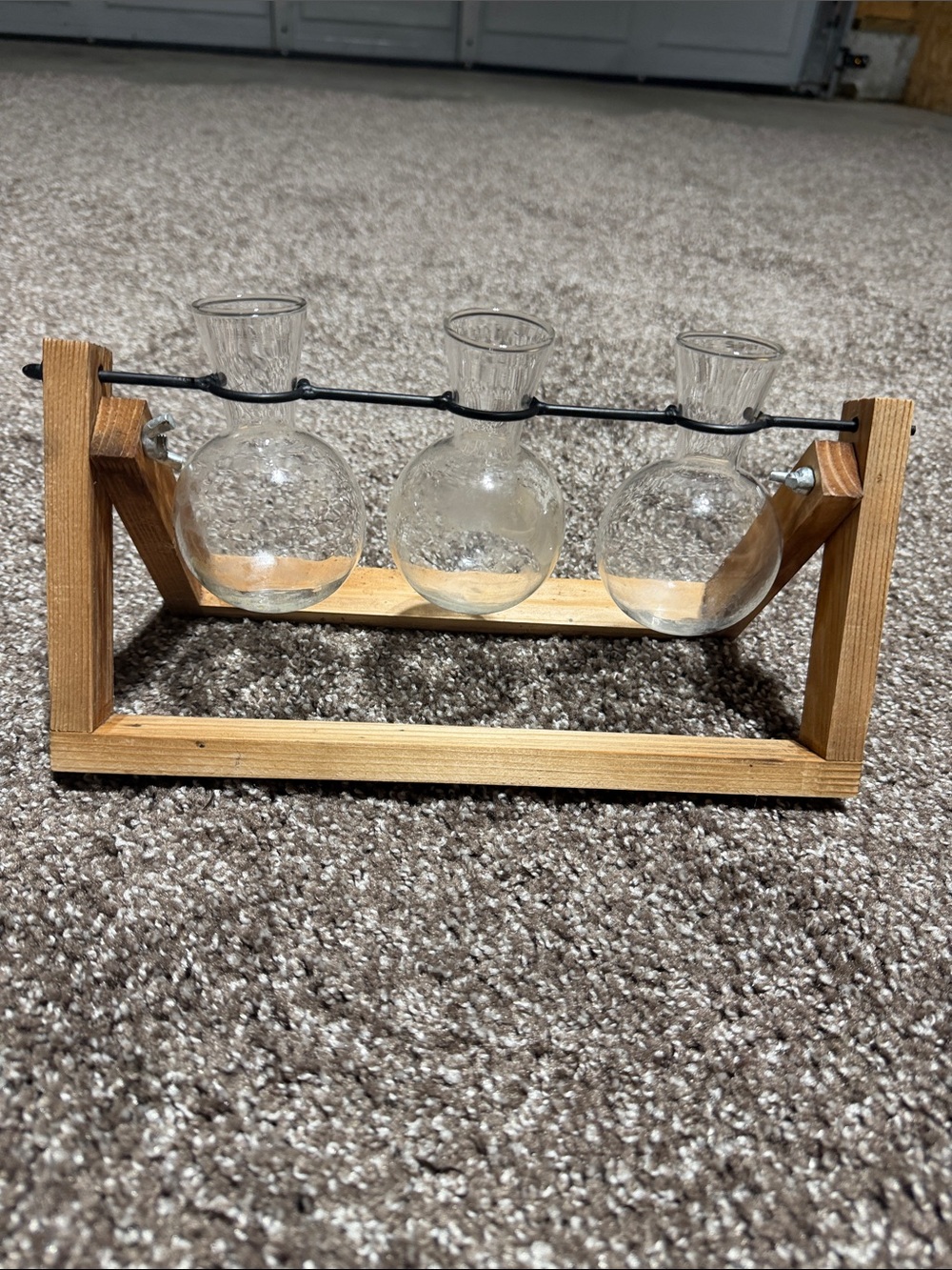 Clear Glass Triple Bud Vases in Natural Wood Holder